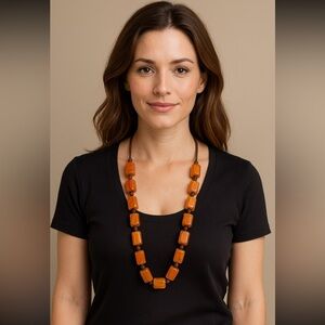 Boho Faux Carnelian Bead Necklace Brown Cord 70s Hippie Vibe 29” Handmade Look